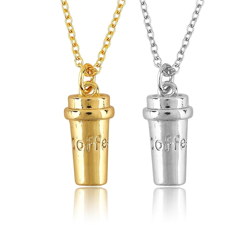 JOR Coffee Mug Charm Pendant Necklace, Coffee Lover Charm, Women Jewelry, Dainty Gold & Silver Plated Combo Chain 18 inch (Pack of 2)