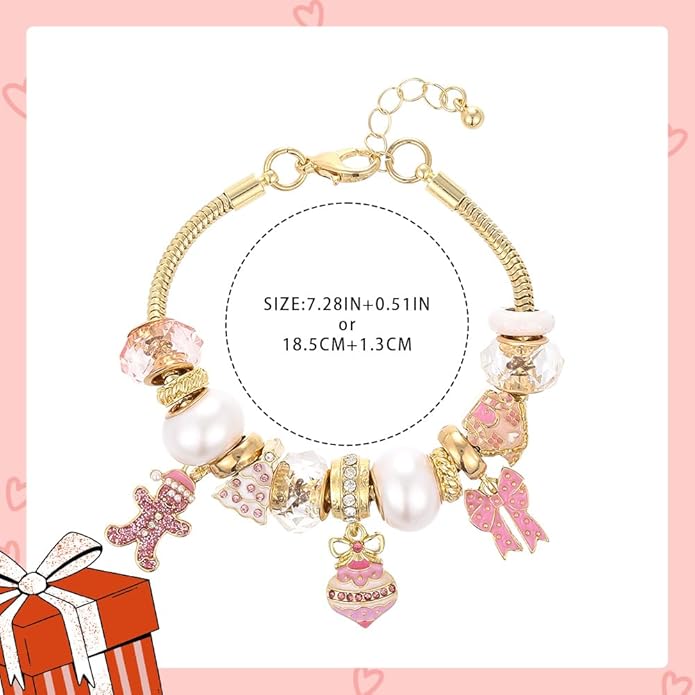 Madison Tyler Christmas Bracelet for Women | Xmas Adjustable Snake Chain Bracelet | Peppermint Candy Cane Gingerbread Man Bow Gloves Socks Charm Pearl Beaded Bracelet Holiday