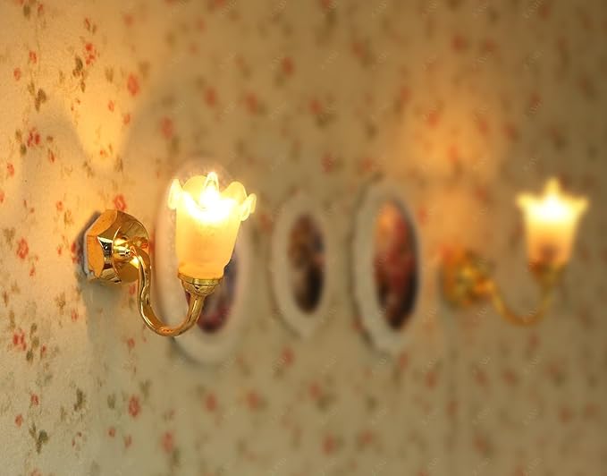 iLAND 1/12 Scale Accessories of Dollhouse Lights, Classic Miniature Lamp for Dollhouse Decoration, Pretty Glass Floral Wall Light w/Plug