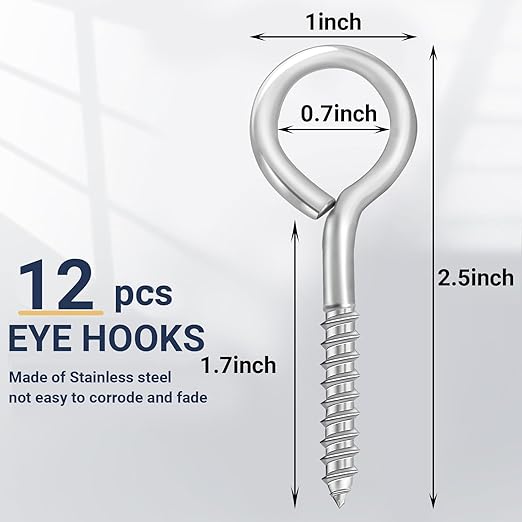 AUGSUN Eye Hooks, 12Pack 2.5 Inch Eye Hooks Heavy Duty 304 Stainless Steel Eye Screw,Screw Eyes Metal Screw Hooks Ring Screws Fasteners Hardware Tools