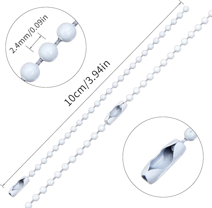 Lemonkey 100Pcs Ball Beads Chain Bulk,White Keychain Rings Metal Chain,4 Inch Dog Tag Metal Small Chain with Connectors for Hanging Decoration