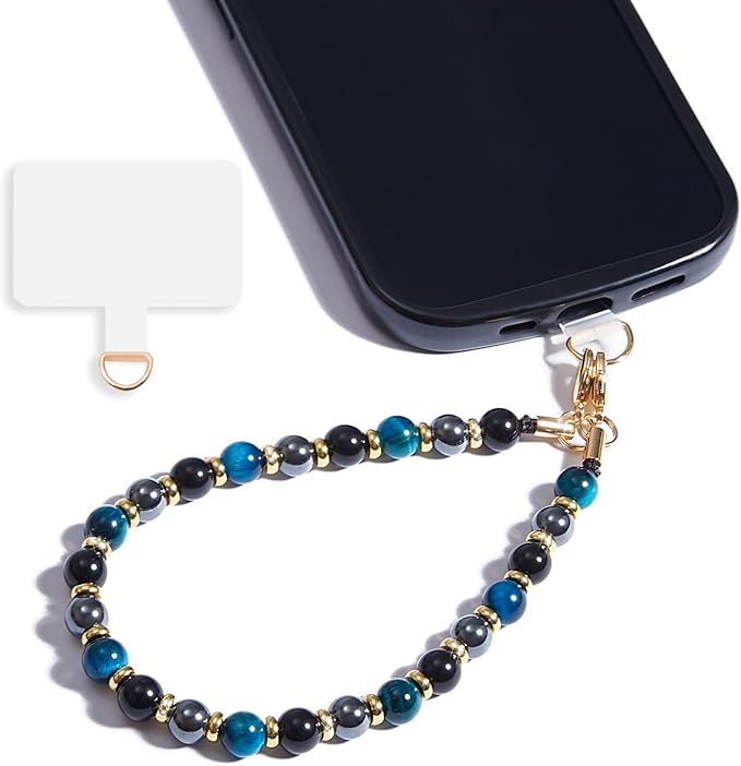 Marble Beaded Phone Wrist Strap,Detachable Phone Bracelet Strap with Tether Tab,Hands-Free Wristlet Strap (Blue Tiger Eye)