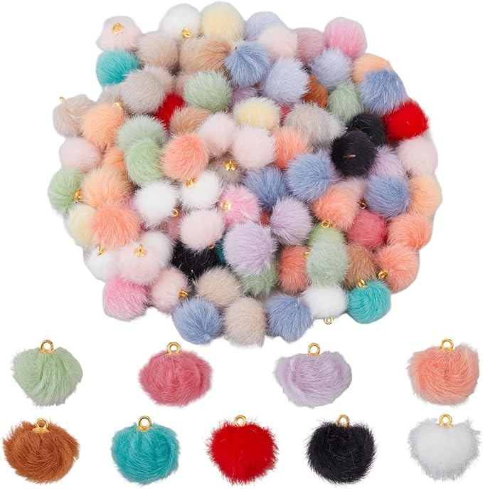 100pcs Pom Poms Ball Charms Colorful Fluffy Plush Balls with Tiny Loop Round Faux Fur Fluffy Pendant Ball Charms for Keychain Earring Necklace