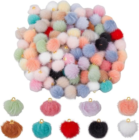 100pcs Pom Poms Ball Charms Colorful Fluffy Plush Balls with Tiny Loop Round Faux Fur Fluffy Pendant Ball Charms for Keychain Earring Necklace