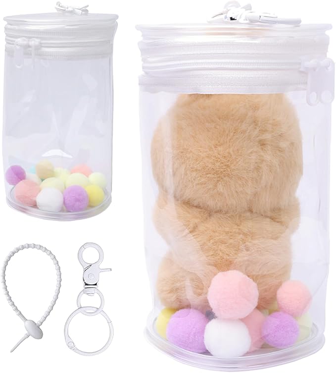 Clear Display & Storage Case for 17&15cm Plush Doll PVC Bag with Detachable Keychain for Collectible Toys and Cosmetics, Portable cases for Travel or Home Decor (Transparent Cylinder)