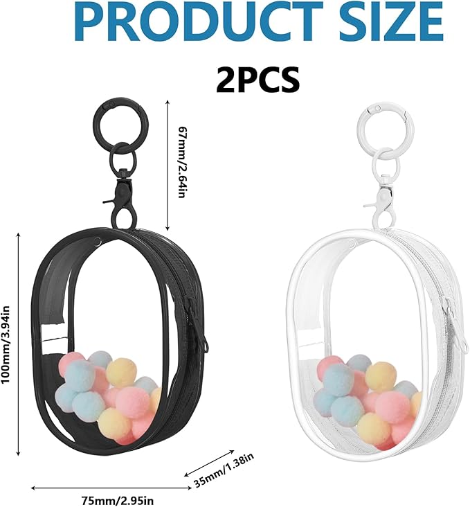 Huakaile 2 Pieces Clear Figure Display Bag with Keychain, Clear Pouch Keychain with Zipper & Fur Balls, Mini Doll Pouch Carrying Case for Blind Box Storage Collectibles (2 PCS, White, Black)