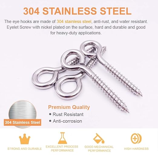 6-Pack 304 Stainless Steel Screw Eyes 3.2", Heavy Duty Screw in Eye Hooks Ring for Yoga, Swing Chair, Indoor & Outdoor, Self Tapping