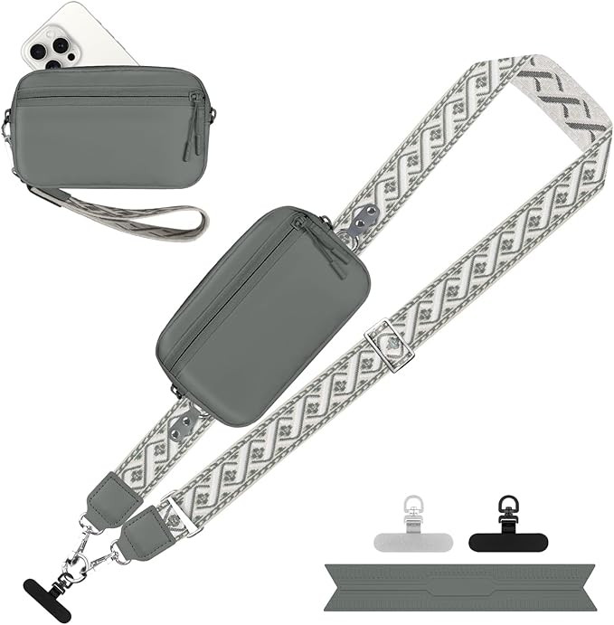 Clip and Go Strap for Phone with Wallet Crossbody, Adjustable Phone Lanyard with Detachable RFID Wristlet Wallet, Pattern Strap - Grey(L)