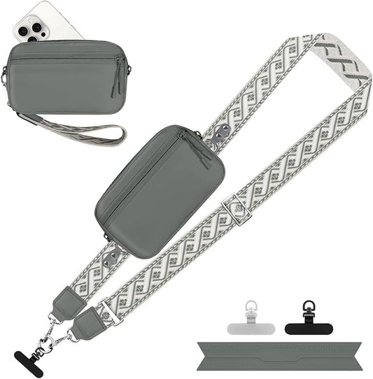 Clip and Go Strap for Phone with Wallet Crossbody, Adjustable Phone Lanyard with Detachable RFID Wristlet Wallet, Pattern Strap - Grey(L)