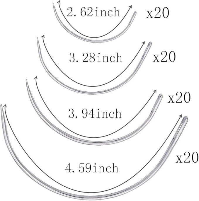 80Pcs Curved Needles BUTUZE Plastic Needle Case with 4 Sizes Hooked Needle for Stitching,Sewing,Embroidery,Hair Weaving