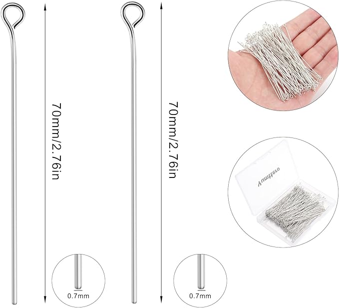 200 Pcs 70mm/2.76 Inch 21 Gauge Eye Pins for Jewelry Making Head Pins Ball Pins, Yumttero Straight Eye Pins for Craft Earring Bracelet Necklace Pendant Jewelry Making (Eye Pins,Platinum Color)