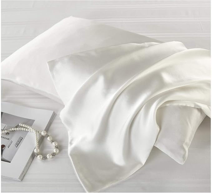Mulberry Silk Pillowcases Set of 2, Hypoallergenic Satin Pillow Covers for Hair and Skin, with Hidden Zipper, Both Side 100% 19 Momme Silk (White,Queen)