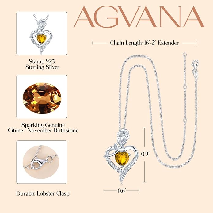 AGVANA Christmas Gifts Rosy Reverie Birthstone Necklace for Women Sterling Silver Genuine or Created Gemstone Rose Flower Heart Pendant Necklace Anniversary Birthday Gifts for Women Mom Wife Her