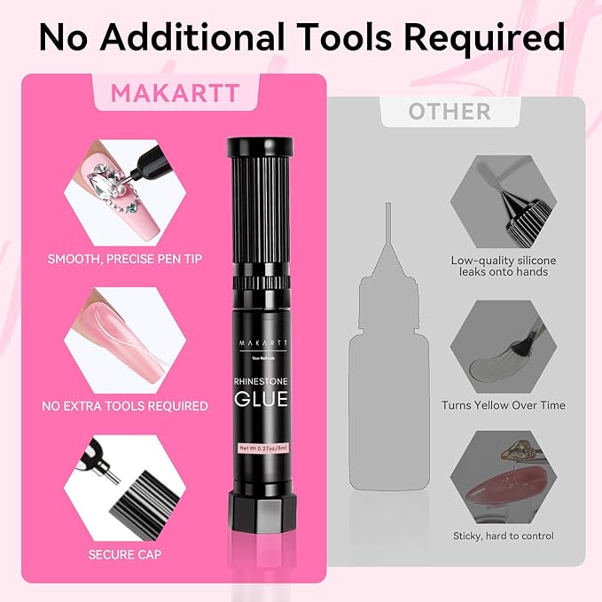Makartt Nail Rhinestone Glue Gel-Upgrade Gel Nail Glue with Brush Pen Tip for Nail Charms Gems Super Strong Adhesive Precise for Nail Charms Crystals Rhinestone 3D Art Design Cured Need 8ml*4