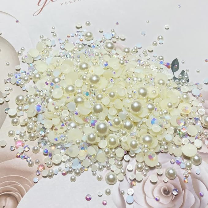 100g Mix Resin Rhinestones Flatback Half Round Pearls Mixed Size 3mm-10mm AB Color Half Pearls Resin Rhinestones for DIY Craft Nail Art Shoes Clothes Phone Case (Beige Series)