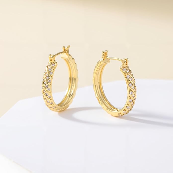 14K Gold Plated Hoop Earrings for Women 14K Gold Plated Earrings Jewelry Spiral Cubic Zirconia Thick Hoops Hypoallergenic Womens Huggie Earring 25/30MM