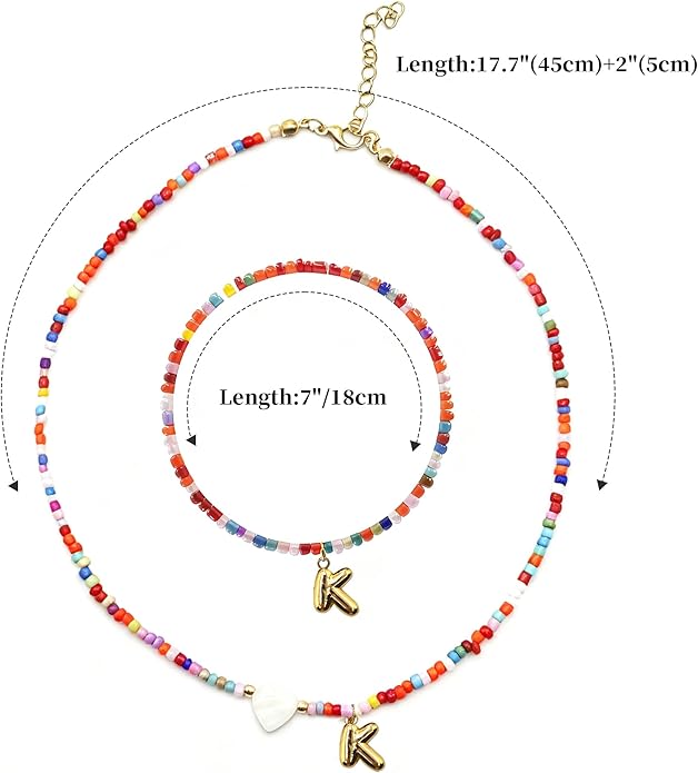I IHAYNER Colorful Beaded Initial Necklace and Bracelet Set for Girls Personalized Letter Jewelry Gifts Trendy Choker Necklace Matching Bracelet Birthday Friendship Gift