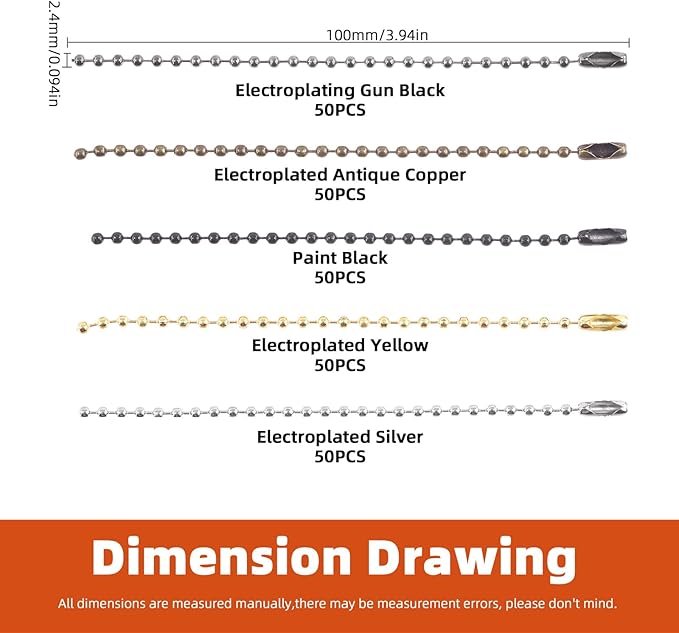 Tantisc 250Pcs 5 Colors Metal Ball Beads Chain Kit, 2.4 x 100mm/0.09” x 3.94” Ball Bead Chain with Connectors, Dog Tag Chain Necklace Ball Chain Keychains for DIY Crafts