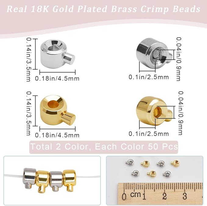 Beebeecraft 100Pcs 18K Gold Plated Brass Crimp Beads Charms Gold Silver Loose Rondelle Spacer Beads 4.5x3.5mm Metal Beading Findings for DIY Jewelry Making