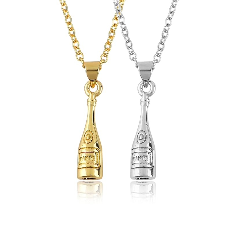 JOR Wine Bottle Charm Pendant Necklace, Men & Women Unisex Jewelry, Dainty Gold & Silver Plated Combo Chain 18 inch (Pack of 2)
