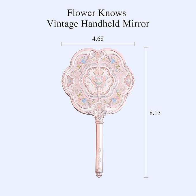 Flower Knows Butterfly Cloud Collar Hand Mirror,Vintage Chinese Round Fan Design,Fancy & Pretty Princess Handheld Mirror with Long Handle,Gift for Girls & Women(Lotus Pink)