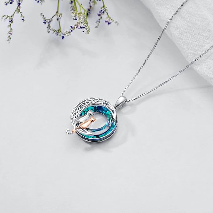 TOUPOP Cat Gifts for Cat Lovers One Two Three Four Cats Necklace Sterling Silver Cats on the Moon Pendant Necklace with Blue Circle Crystal Birthday Christmas Celtic Jewelry Gifts for Women