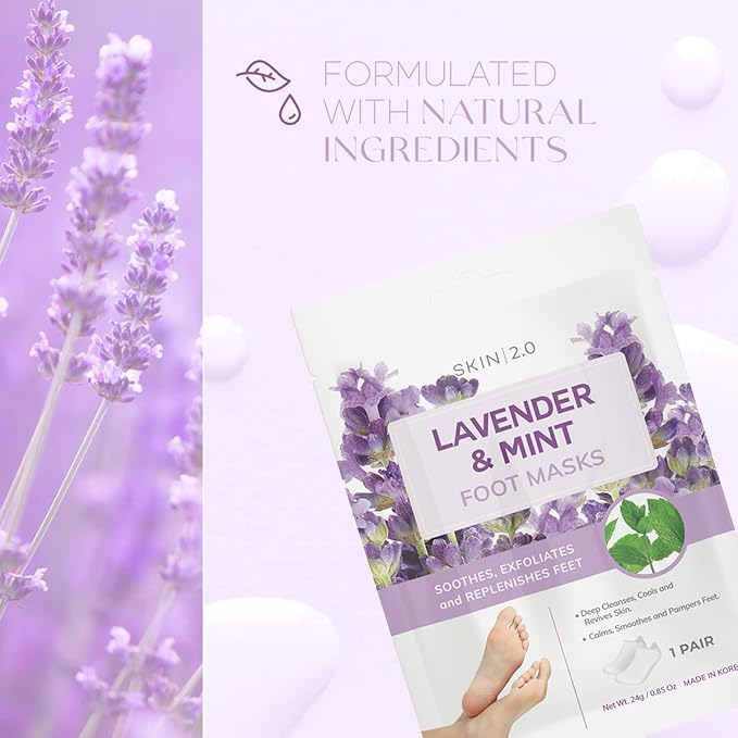 Skin 2.0 Lavender & Mint Foot Masks - Relieves Swollen Feet, Removes Odor, Relaxing & Hydrating - Dermatologist Tested Korean Skincare - Clean Beauty, Cruelty-Free, All Skin Types - 3 Pairs