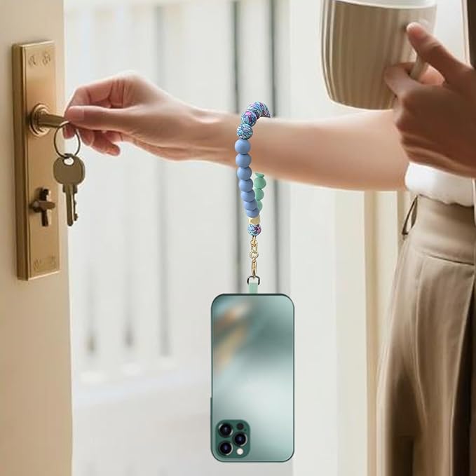 Marble Silicone Beaded Phone Wrist Strap, Cellphone Lanyard with Tether Tab, Elastic Hands-Free Wristlet Bracelet