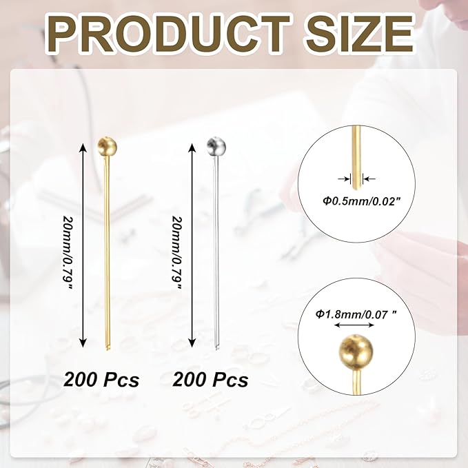 PATIKIL 0.8 Inch Ball Pins, Jewelry Making Headpins Straight Pins Findings Bendable for DIY Craft Bracelet Necklace Earring Pendant Making Supplies-400Pcs(Silver Gold)