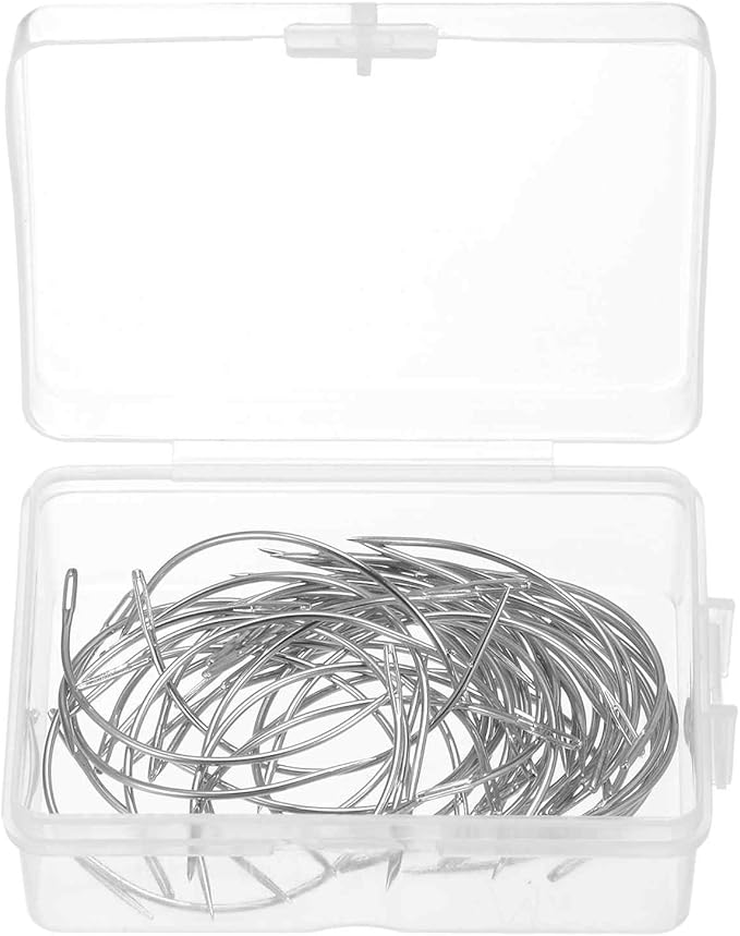 HARFINGTON 50Pcs Curved Needles 2.5" C Type Weaving Sewing Needles Wig Making Upholstery Big Eye for Carpet Leather Canvas Repairing Blocking Knitting