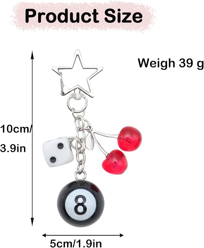 8 Ball Dice Keychain, Y2k Dice Purse Bag Charm with Cherry Star Heart Handbag Accessories for Women Men