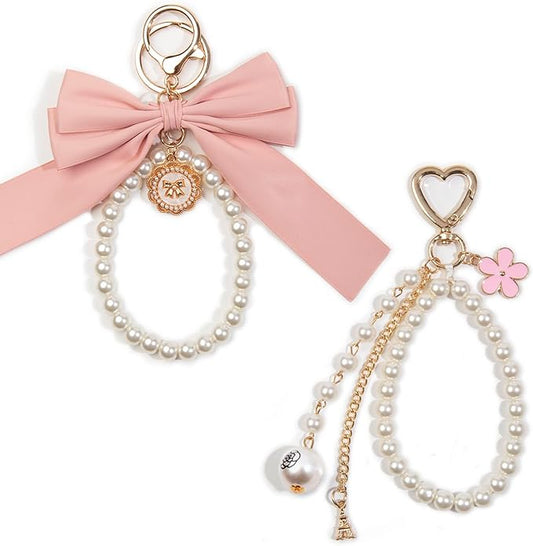 2pcs Bow Keychain, Cute Keychain, Wristlet Keychain, Ribbon Keychain Pearl Bag Charm for Purse Handbags Backpack