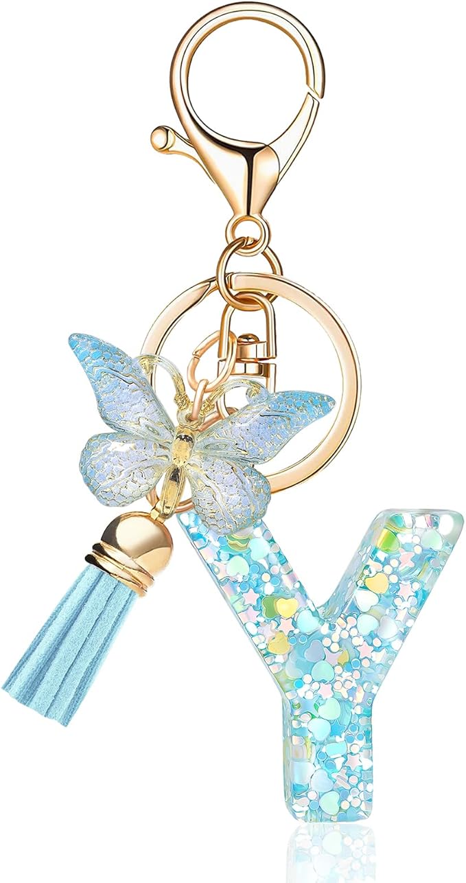 Fashion Alphabet Initial Letter Keychain Tassel Butterfly Pendant Key Ring for Purse Handbags Women Girl