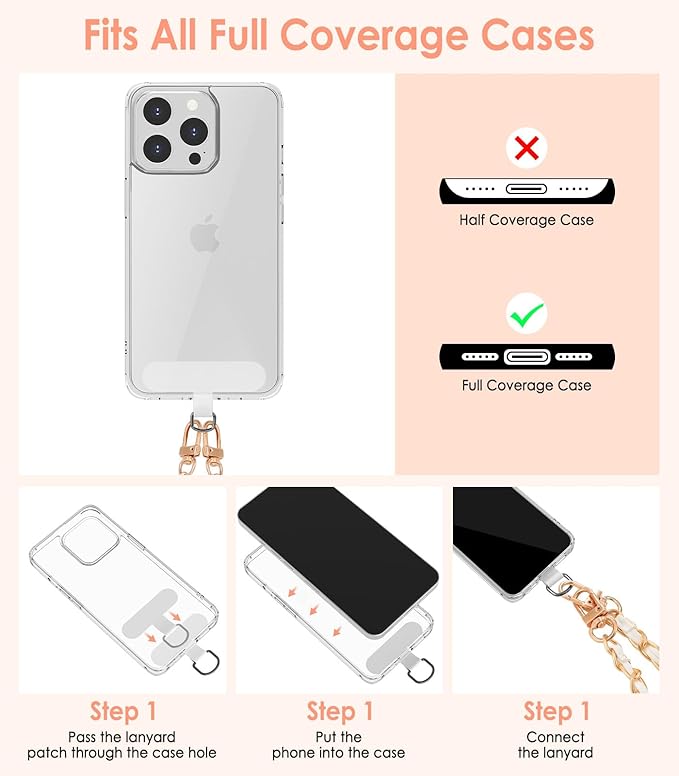 MoKo Universal Phone Lanyard, Metal Cell Phone Chain Crossbody Strap Anti-Theft Detachable Women Cellphone Lanyards Around The Neck with Patches for iPhone, Most Smartphones, White