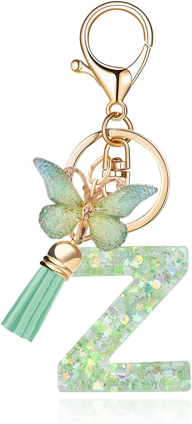 Fashion Alphabet Initial Letter Keychain Tassel Butterfly Pendant Key Ring for Purse Handbags Women Girl