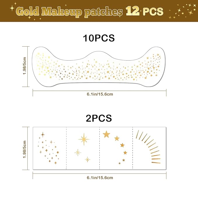 Artlunar 12Pcs Valentine's Mardi Gras Gold Makeup Patches - Body Glitter Stickers for Face and Body, Perfect for Festivals Parties (Gold), Gifts for Women and Girls.