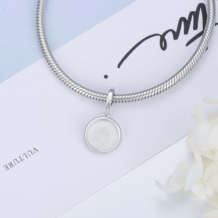 LONAGO 925 Sterling Silver Personalized Photo Charm Fit Compatible for Bracelet Necklace Customized Heart Round Shape Picture Bead