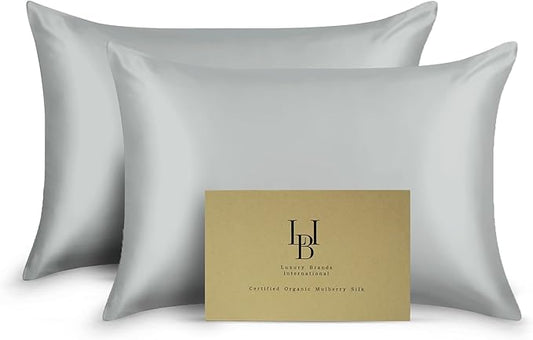 Silk Pillow Cases Certified Organic 100% Pure Mulberry Silk Pillowcase Grade 6A 25 Momme Pillowcase (Gray, Standard, Pack of 2)