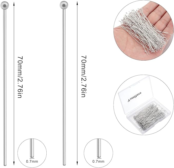 200 Pcs 70mm/2.76 Inch 21 Gauge Eye Pins for Jewelry Making Head Pins Ball Pins, Yumttero Straight Eye Pins for Craft Earring Bracelet Necklace Pendant Jewelry Making (Ball Pins,Platinum Color)