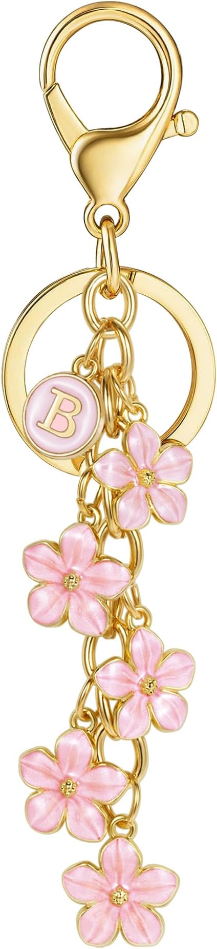 XGALBLA White Pink Black Cute Initial Letter Keychain for Women, Flower Bag Charms Enamel Keyring for Handbag Backpack