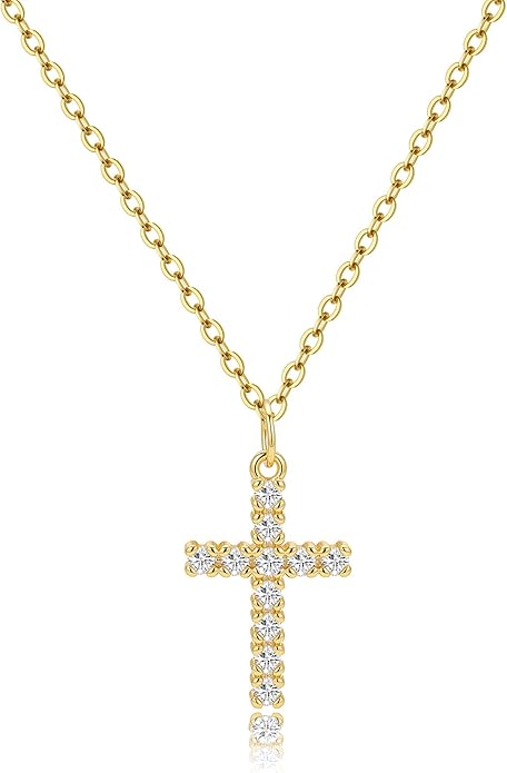 Tewiky Cross Necklace for Women-Dainty Simple 14k Gold Plated/sterling silver Plated Cross Pendant Cute Necklaces Jewelry for Women