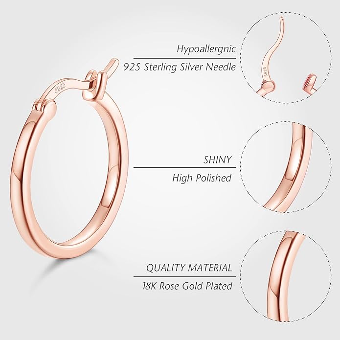 Hayoso 18K Gold Plated Hoop Earrings - 925 Sterling Silver Hoop Earrings Womens Hypoallergenic Hoops | Square Tube Hoop Earrings for Women 15mm/20mm/30mm/40mm