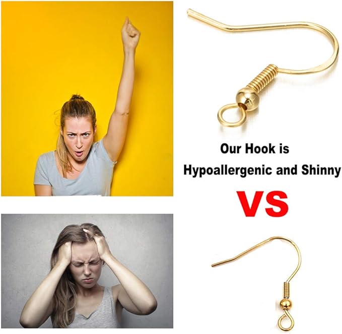 Hypoallergenic Gold Earring Hooks - 120 pcs/60 Pairs 18k Gold Nickel Free Ear Wires Fish Hooks for Jewelry Making, Jewelry findings Parts with 120 pcs Rubber Earring Backs Stopper for DIY Earrings