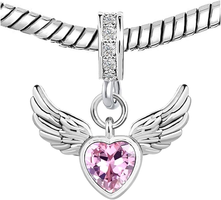 KunBead Guardian Angel Wings Heart Birthstone Dangle Birthday Charms Compatible with Pandora Charm Bracelet for Women