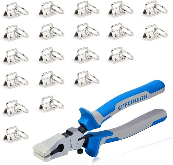 SPEEDWOX 20 Sets of Key Fob Pliers 0.8 Inch Key Fob Hardware with Keychain Split Rings Webbing Fabric Strapping White Nickel Glass Breaking Pliers Tools with Rubber Tips