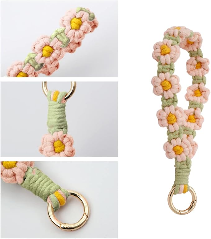 Boho Keychain Handmade Keychain Wristlet Key Chain Wrist Lanyard for Keys Cute daisy keychain for Women