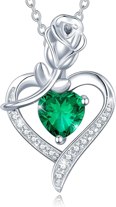 AGVANA Christmas Gifts Rosy Reverie Birthstone Necklace for Women Sterling Silver Genuine or Created Gemstone Rose Flower Heart Pendant Necklace Anniversary Birthday Gifts for Women Mom Wife Her