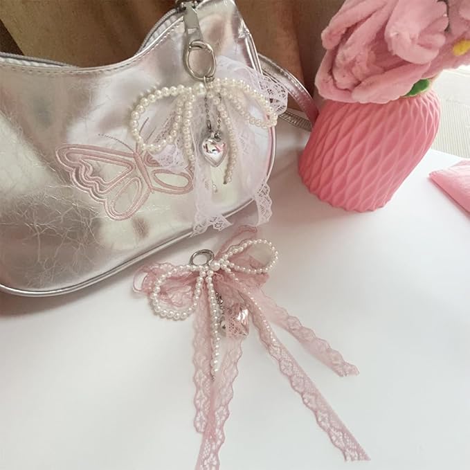 Pearl Bow Keychain Cute Y2k Lace Bowknot Keychain Coquette Aesthetic Accessories Bag Purse Handbag Backpack Charm