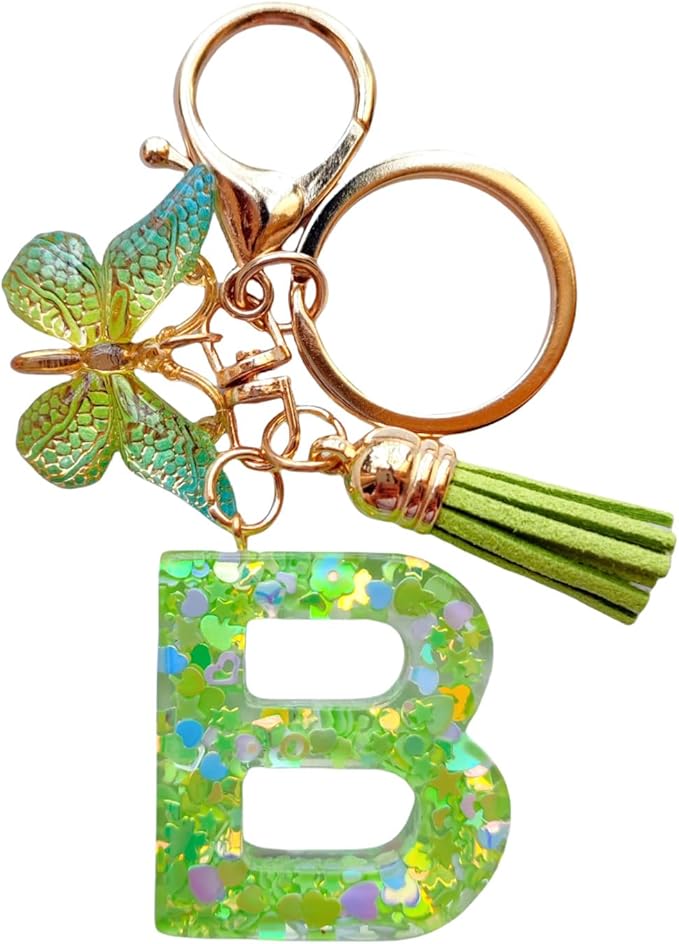 Cute Initial Letter Keychains for Women Girls Tassel Butterfly Pink Purple Green Keychain for Backpack School Bag