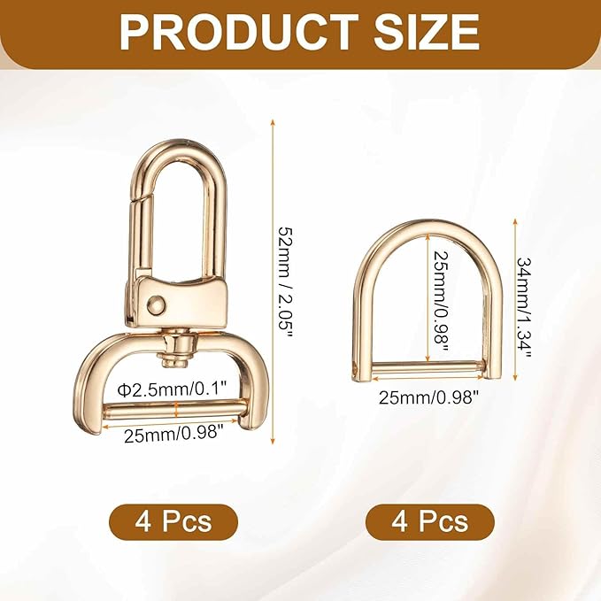 HARFINGTON 4pcs Detachable Snap Hook Swivel Clasp 1" (25mm) Zinc Alloy Lobster Claw Clasp with 4pcs D-Rings Screw in Shackle for Keychain Lanyard Purse DIY Purse Strap, Light Gold